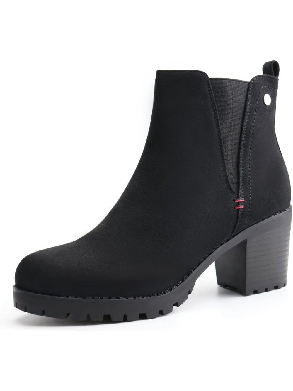 Women Black Suede Chelsea Boots with Block Heel Slip-On Ankle Dress Booties
